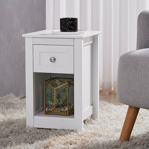 White wooden side end - white, table